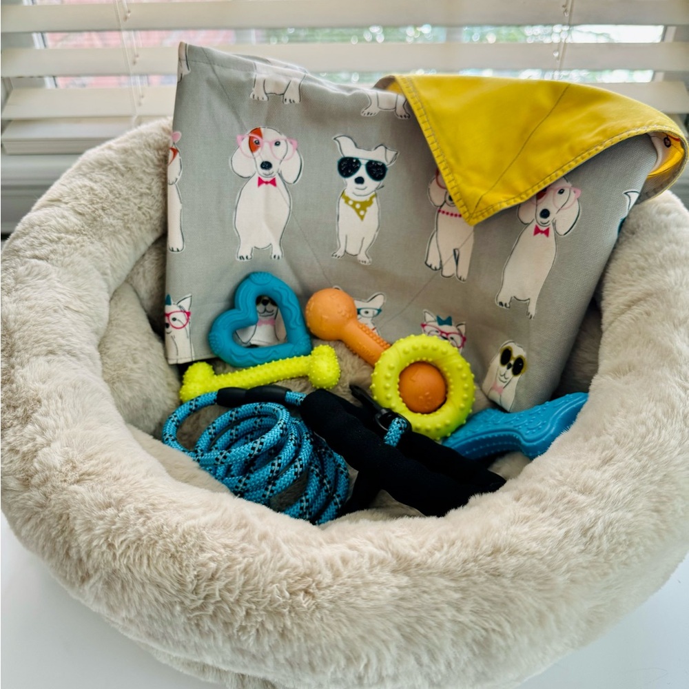 NWT🐾💗Dog Gift Cozy Bed Basket💗🐾Comes w/leash, Custom blanket, 5 Chew Toys